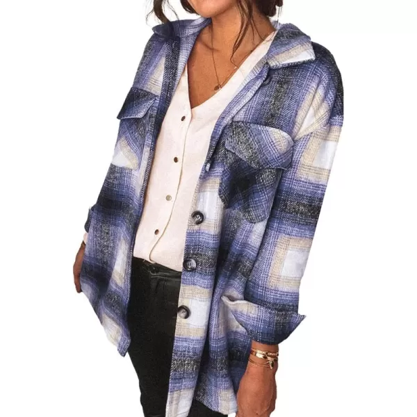 PRETTYGARDEN Womens 2024 Fall Clothes Plaid Shacket Jacket Long Sleeve Button Down Flannel Shirts Fashion BlouseBlue