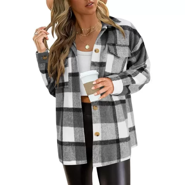 PRETTYGARDEN Womens 2024 Fall Clothes Plaid Shacket Jacket Long Sleeve Button Down Flannel Shirts Fashion BlousePlaid Black White