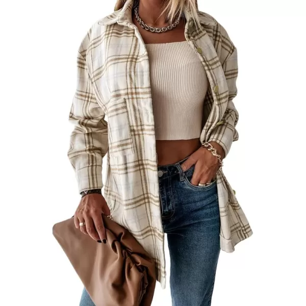 PRETTYGARDEN Womens 2024 Fall Clothes Plaid Shacket Jacket Long Sleeve Button Down Flannel Shirts Fashion BlousePlaid Khaki
