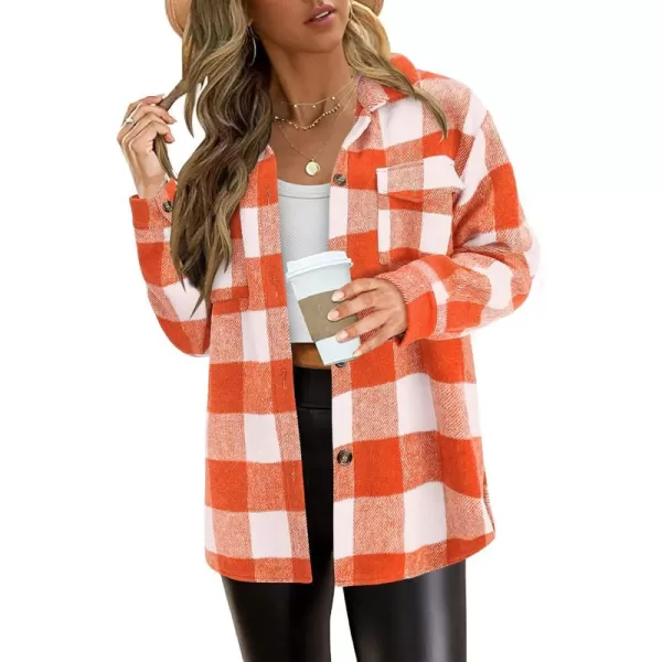 PRETTYGARDEN Womens 2024 Fall Clothes Plaid Shacket Jacket Long Sleeve Button Down Flannel Shirts Fashion BlousePlaid Orange White