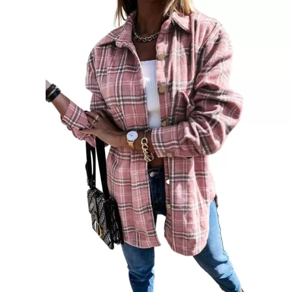 PRETTYGARDEN Womens 2024 Fall Clothes Plaid Shacket Jacket Long Sleeve Button Down Flannel Shirts Fashion BlousePlaid Pink