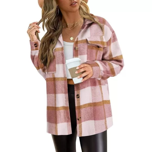 PRETTYGARDEN Womens 2024 Fall Clothes Plaid Shacket Jacket Long Sleeve Button Down Flannel Shirts Fashion BlousePlaid Pink White