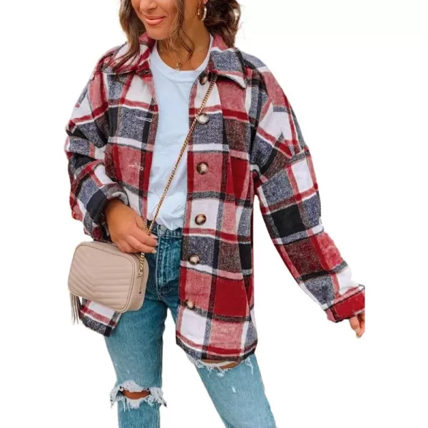 PRETTYGARDEN Womens 2024 Fall Clothes Plaid Shacket Jacket Long Sleeve Button Down Flannel Shirts Fashion BlousePlaid Print Red