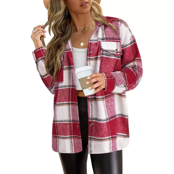 PRETTYGARDEN Womens 2024 Fall Clothes Plaid Shacket Jacket Long Sleeve Button Down Flannel Shirts Fashion BlousePlaid Red White