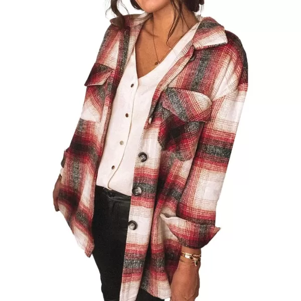 PRETTYGARDEN Womens 2024 Fall Clothes Plaid Shacket Jacket Long Sleeve Button Down Flannel Shirts Fashion BlouseRed