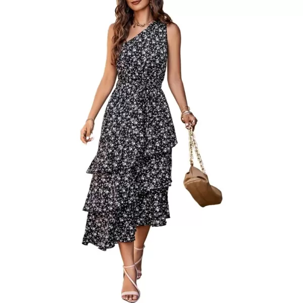 PRETTYGARDEN Womens Summer Floral Sundress Casual One Shoulder Tiered Ruffle Flowy Midi Beach Boho DressesFloral Black