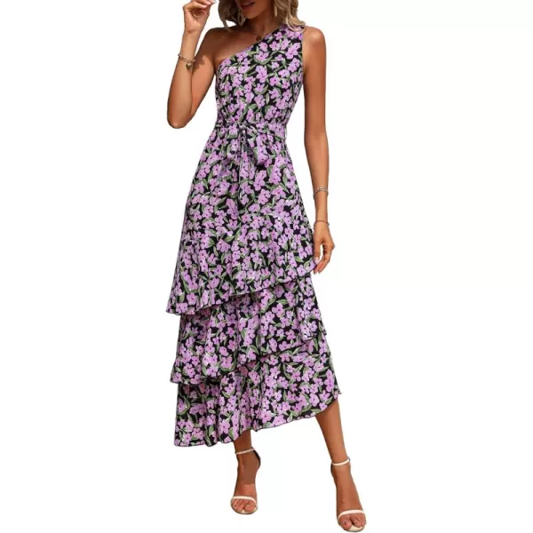 PRETTYGARDEN Womens Summer Floral Sundress Casual One Shoulder Tiered Ruffle Flowy Midi Beach Boho DressesFloral Black Pink
