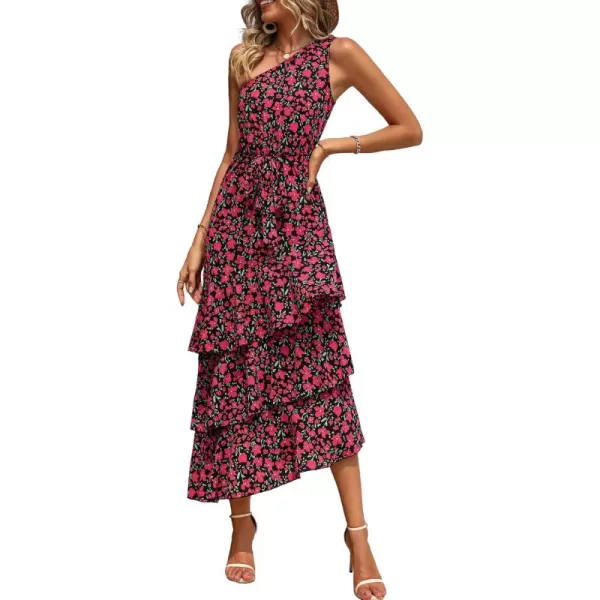 PRETTYGARDEN Womens Summer Floral Sundress Casual One Shoulder Tiered Ruffle Flowy Midi Beach Boho DressesFloral Black Red