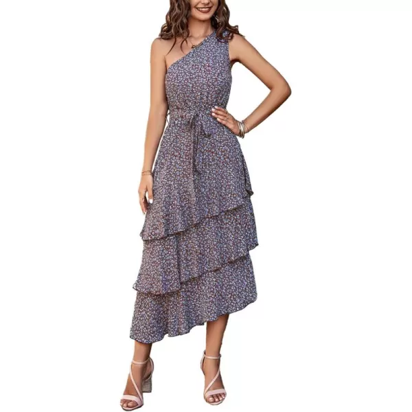PRETTYGARDEN Womens Summer Floral Sundress Casual One Shoulder Tiered Ruffle Flowy Midi Beach Boho DressesFloral Coffee Blue