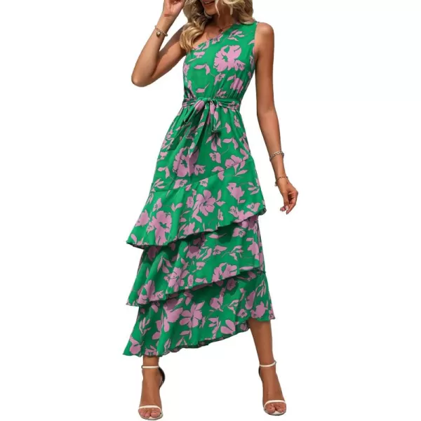 PRETTYGARDEN Womens Summer Floral Sundress Casual One Shoulder Tiered Ruffle Flowy Midi Beach Boho DressesFloral Green Pink