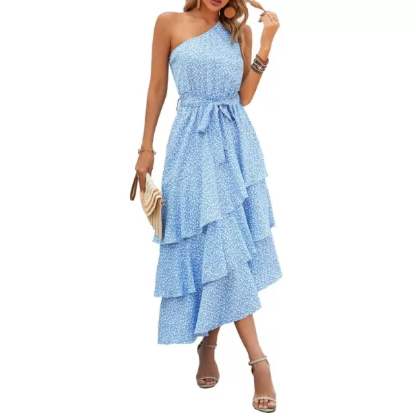 PRETTYGARDEN Womens Summer Floral Sundress Casual One Shoulder Tiered Ruffle Flowy Midi Beach Boho DressesFloral Light Blue