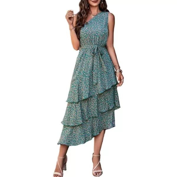 PRETTYGARDEN Womens Summer Floral Sundress Casual One Shoulder Tiered Ruffle Flowy Midi Beach Boho DressesFloral Olive Green
