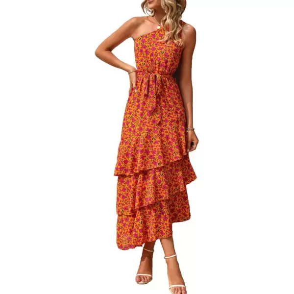 PRETTYGARDEN Womens Summer Floral Sundress Casual One Shoulder Tiered Ruffle Flowy Midi Beach Boho DressesFloral Orange Rose Red