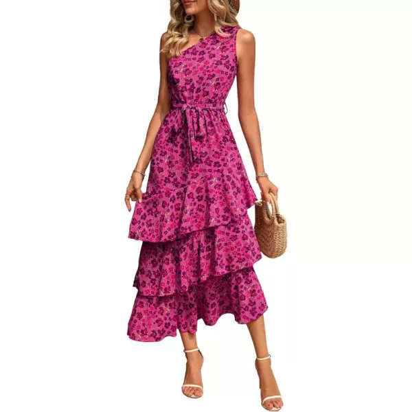 PRETTYGARDEN Womens Summer Floral Sundress Casual One Shoulder Tiered Ruffle Flowy Midi Beach Boho DressesFloral Rose Red