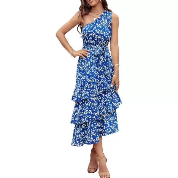 PRETTYGARDEN Womens Summer Floral Sundress Casual One Shoulder Tiered Ruffle Flowy Midi Beach Boho DressesFloral Royal Blue White