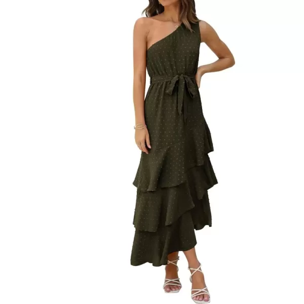 PRETTYGARDEN Womens Summer Floral Sundress Casual One Shoulder Tiered Ruffle Flowy Midi Beach Boho DressesSwiss Dot Army Green