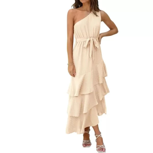 PRETTYGARDEN Womens Summer Floral Sundress Casual One Shoulder Tiered Ruffle Flowy Midi Beach Boho DressesSwiss Dot Beige