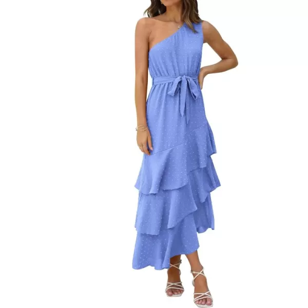 PRETTYGARDEN Womens Summer Floral Sundress Casual One Shoulder Tiered Ruffle Flowy Midi Beach Boho DressesSwiss Dot Blue