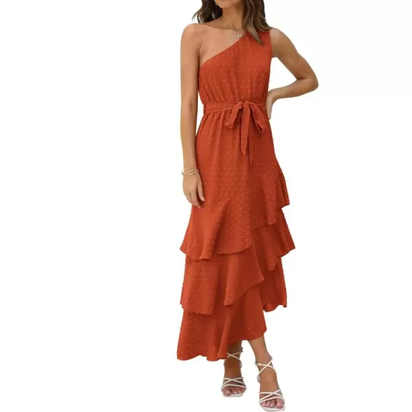 PRETTYGARDEN Womens Summer Floral Sundress Casual One Shoulder Tiered Ruffle Flowy Midi Beach Boho DressesSwiss Dot Brick Red