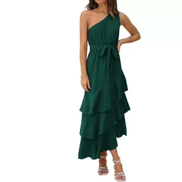 PRETTYGARDEN Womens Summer Floral Sundress Casual One Shoulder Tiered Ruffle Flowy Midi Beach Boho DressesSwiss Dot Dark Green