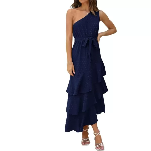 PRETTYGARDEN Womens Summer Floral Sundress Casual One Shoulder Tiered Ruffle Flowy Midi Beach Boho DressesSwiss Dot Navy