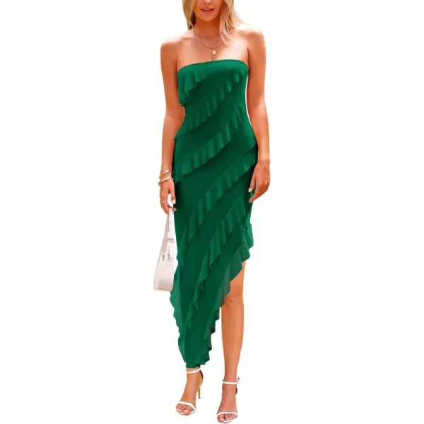 PRETTYGARDEN Womens Summer Long Formal Cocktail Dress Strapless Tube Asymmetrical Ruffle Maxi Bodycon DressesDark Green