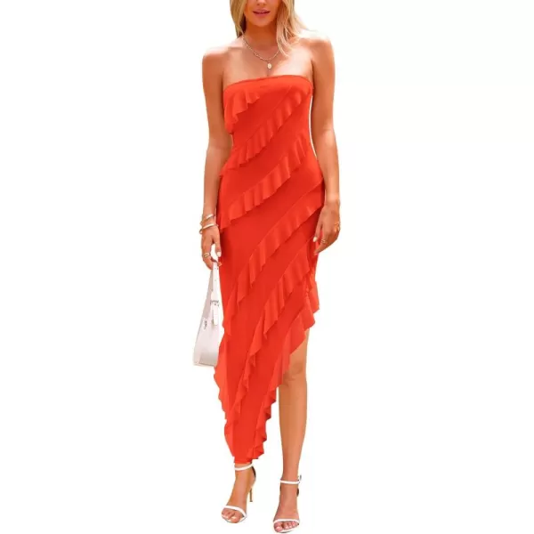 PRETTYGARDEN Womens Summer Long Formal Cocktail Dress Strapless Tube Asymmetrical Ruffle Maxi Bodycon DressesOrange