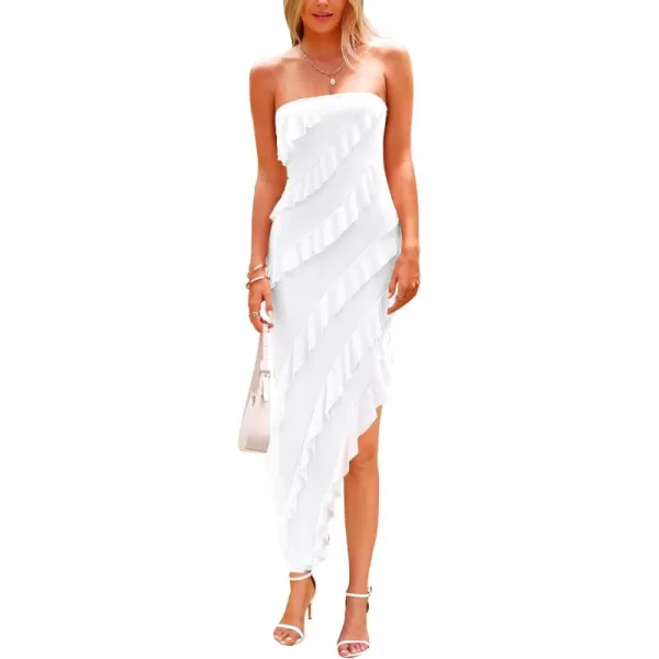 PRETTYGARDEN Womens Summer Long Formal Cocktail Dress Strapless Tube Asymmetrical Ruffle Maxi Bodycon DressesWhite