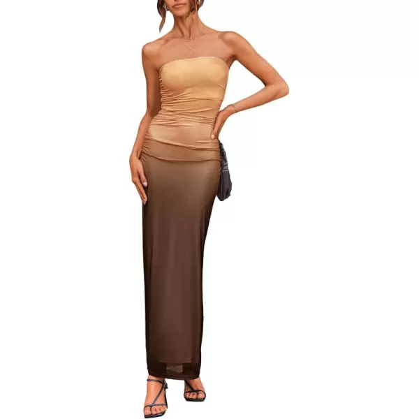 PRETTYGARDEN Womens Summer Maxi Bodycon Dresses Strapless Tube Top Printed Long Party Club Slit DressGradient Apricot Brown