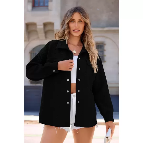 PRETTYGARDEN Womens 2024 Button Down Shacket Jackets Fall Clothes Collared Long Sleeve Textured Loose Casual Fashion ShirtsBlack