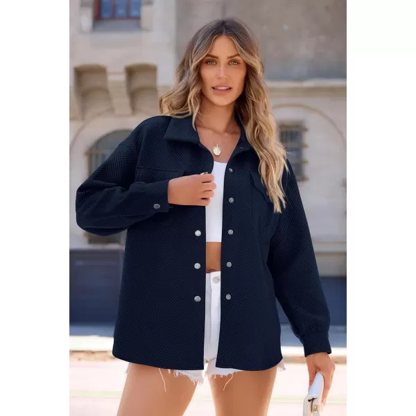 PRETTYGARDEN Womens 2024 Button Down Shacket Jackets Fall Clothes Collared Long Sleeve Textured Loose Casual Fashion ShirtsDark Blue