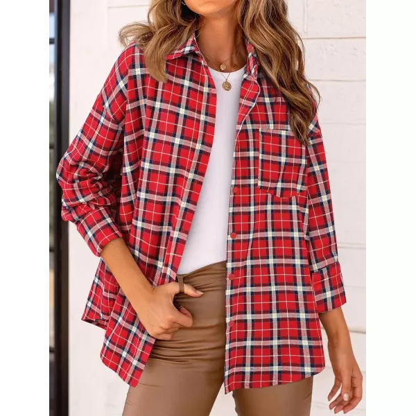 PRETTYGARDEN Womens Fall Button Down Plaid Shirts Collared Long Sleeve Loose Fit Cotton Casual Going Out Tops BlousesPlaid Red