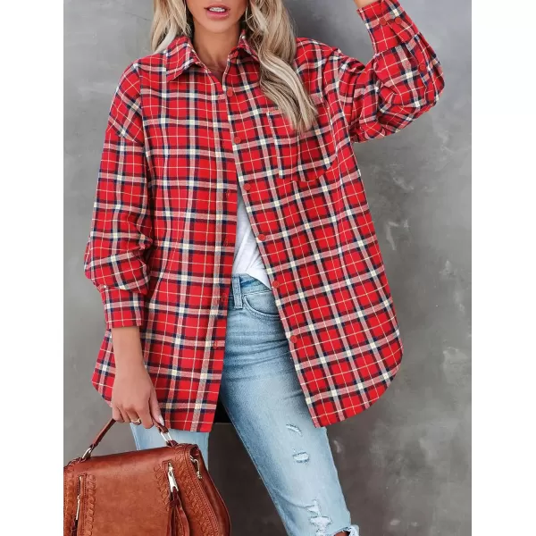 PRETTYGARDEN Womens Fall Button Down Plaid Shirts Collared Long Sleeve Loose Fit Cotton Casual Going Out Tops BlousesPlaid Red