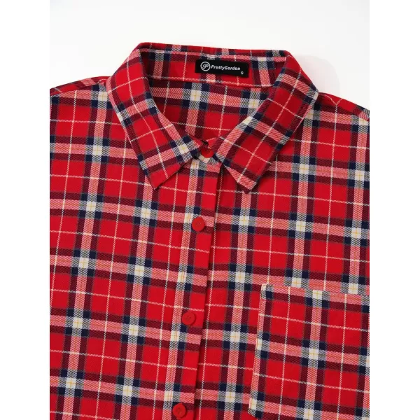 PRETTYGARDEN Womens Fall Button Down Plaid Shirts Collared Long Sleeve Loose Fit Cotton Casual Going Out Tops BlousesPlaid Red