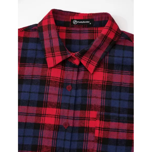 PRETTYGARDEN Womens Fall Button Down Plaid Shirts Collared Long Sleeve Loose Fit Cotton Casual Going Out Tops BlousesPlaid Wine Red