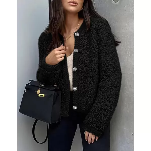 PRETTYGARDEN Womens Faux Fur Shearling Coat Fuzzy Fleece Button Up Trendy Fall Winter Cropped Jackets OuterwearBlack