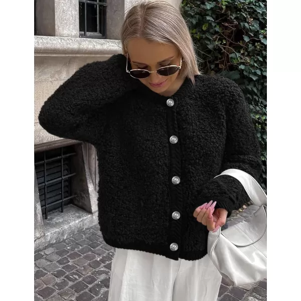 PRETTYGARDEN Womens Faux Fur Shearling Coat Fuzzy Fleece Button Up Trendy Fall Winter Cropped Jackets OuterwearBlack