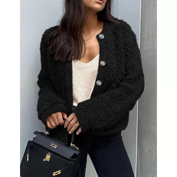 PRETTYGARDEN Womens Faux Fur Shearling Coat Fuzzy Fleece Button Up Trendy Fall Winter Cropped Jackets OuterwearBlack