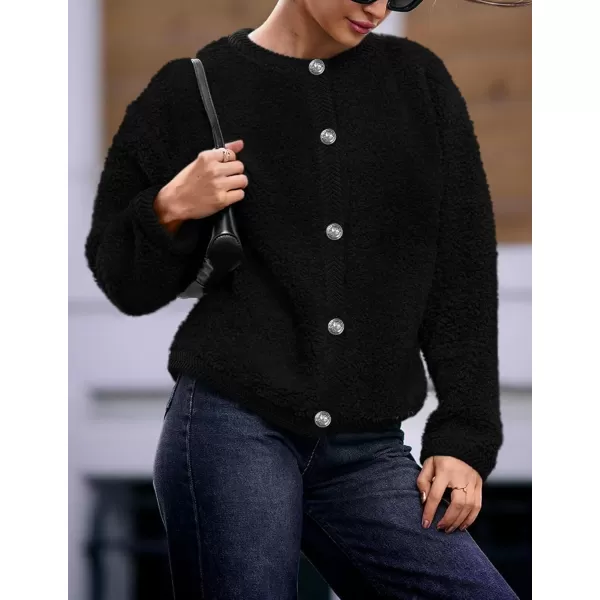 PRETTYGARDEN Womens Faux Fur Shearling Coat Fuzzy Fleece Button Up Trendy Fall Winter Cropped Jackets OuterwearBlack