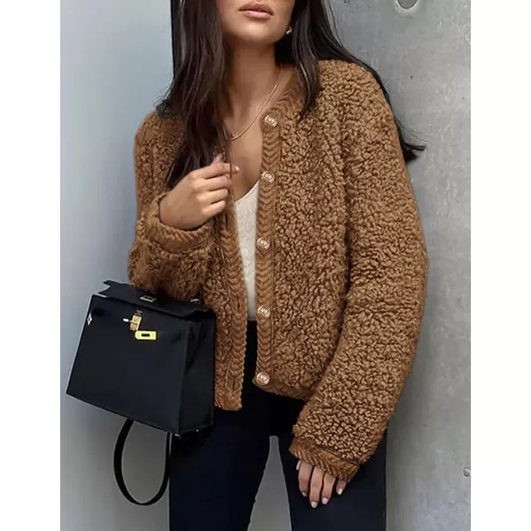 PRETTYGARDEN Womens Faux Fur Shearling Coat Fuzzy Fleece Button Up Trendy Fall Winter Cropped Jackets OuterwearBrown