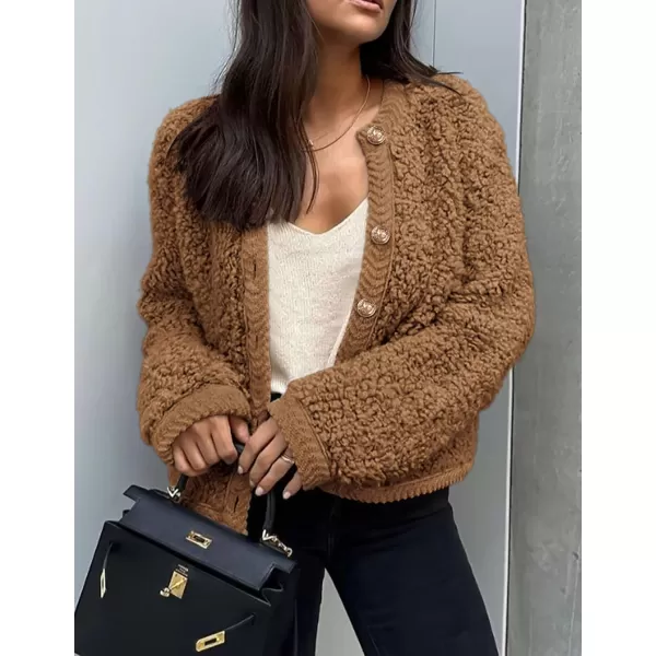 PRETTYGARDEN Womens Faux Fur Shearling Coat Fuzzy Fleece Button Up Trendy Fall Winter Cropped Jackets OuterwearBrown