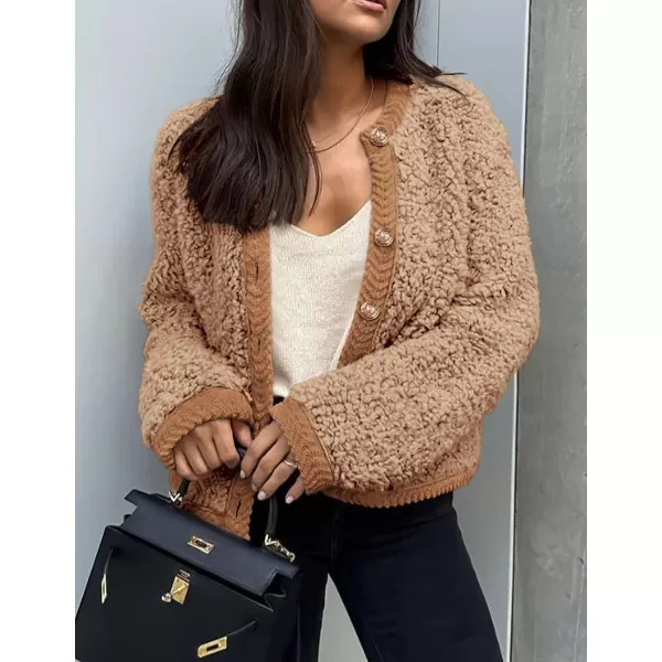 PRETTYGARDEN Womens Faux Fur Shearling Coat Fuzzy Fleece Button Up Trendy Fall Winter Cropped Jackets OuterwearCamel