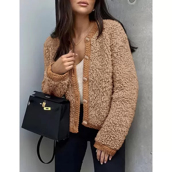 PRETTYGARDEN Womens Faux Fur Shearling Coat Fuzzy Fleece Button Up Trendy Fall Winter Cropped Jackets OuterwearCamel