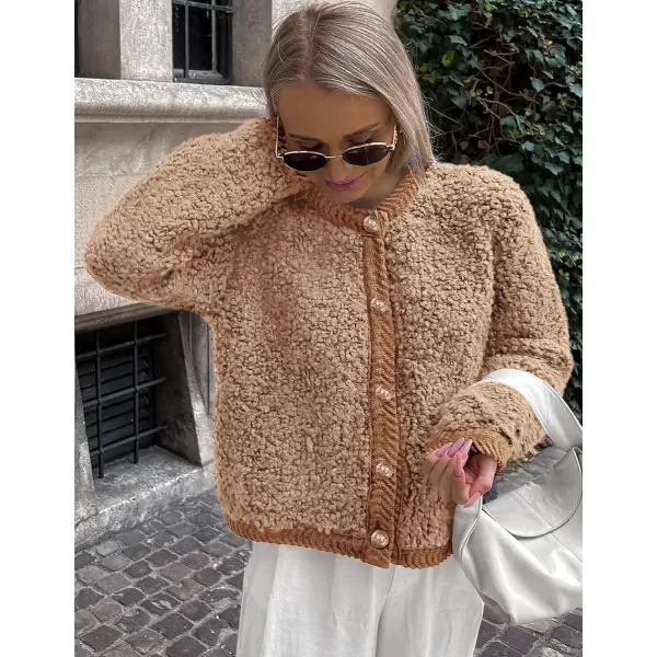 PRETTYGARDEN Womens Faux Fur Shearling Coat Fuzzy Fleece Button Up Trendy Fall Winter Cropped Jackets OuterwearCamel