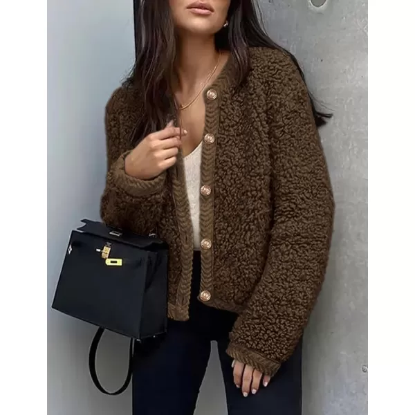 PRETTYGARDEN Womens Faux Fur Shearling Coat Fuzzy Fleece Button Up Trendy Fall Winter Cropped Jackets OuterwearCoffee