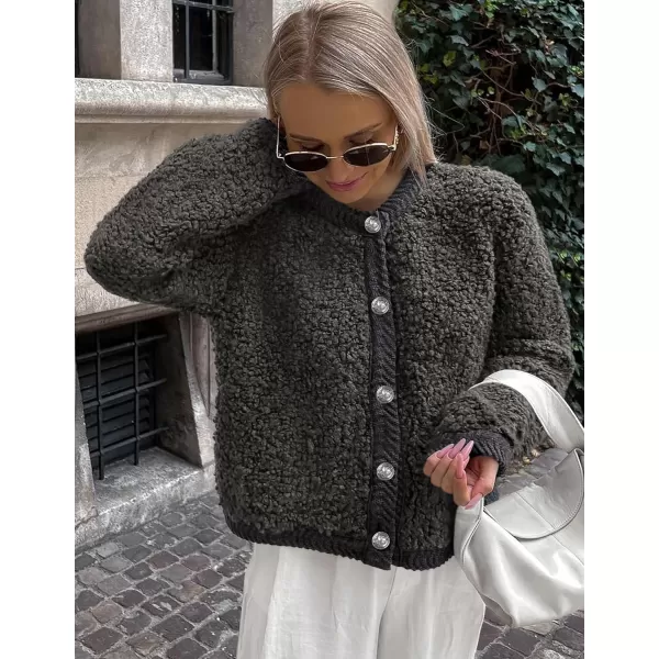 PRETTYGARDEN Womens Faux Fur Shearling Coat Fuzzy Fleece Button Up Trendy Fall Winter Cropped Jackets OuterwearDark Grey