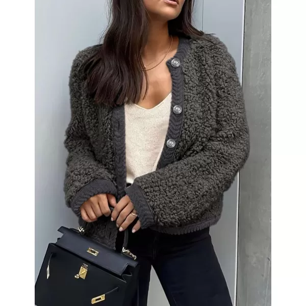 PRETTYGARDEN Womens Faux Fur Shearling Coat Fuzzy Fleece Button Up Trendy Fall Winter Cropped Jackets OuterwearDark Grey