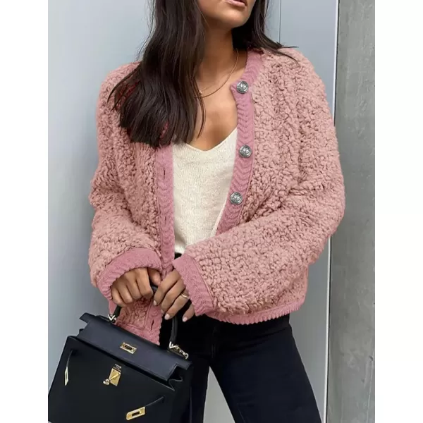 PRETTYGARDEN Womens Faux Fur Shearling Coat Fuzzy Fleece Button Up Trendy Fall Winter Cropped Jackets OuterwearPink