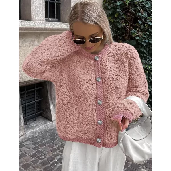 PRETTYGARDEN Womens Faux Fur Shearling Coat Fuzzy Fleece Button Up Trendy Fall Winter Cropped Jackets OuterwearPink