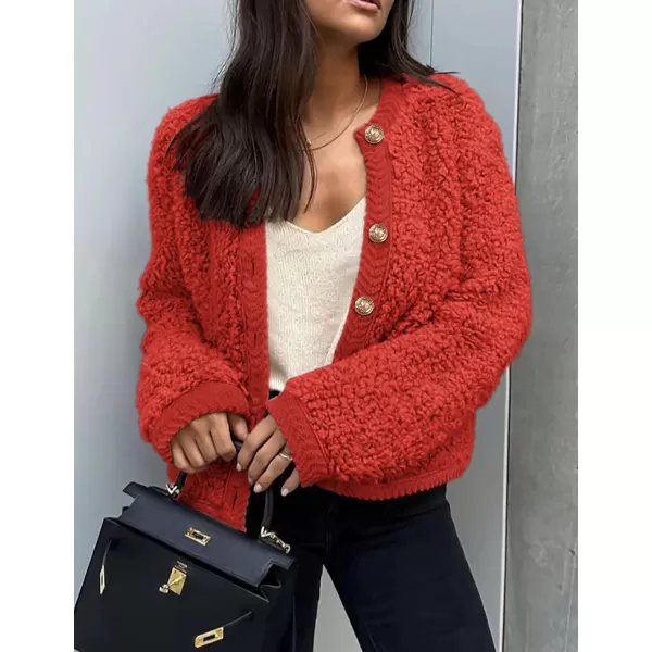 PRETTYGARDEN Womens Faux Fur Shearling Coat Fuzzy Fleece Button Up Trendy Fall Winter Cropped Jackets OuterwearRed
